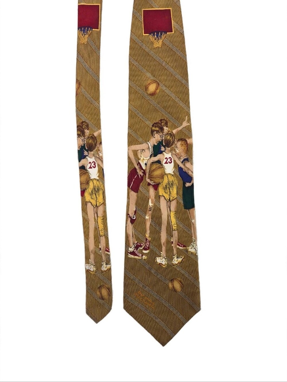 Norman Rockwell Tie 1996 Basketball Boys #23 Brown & Bigelow Vintage 90s Gold⁹